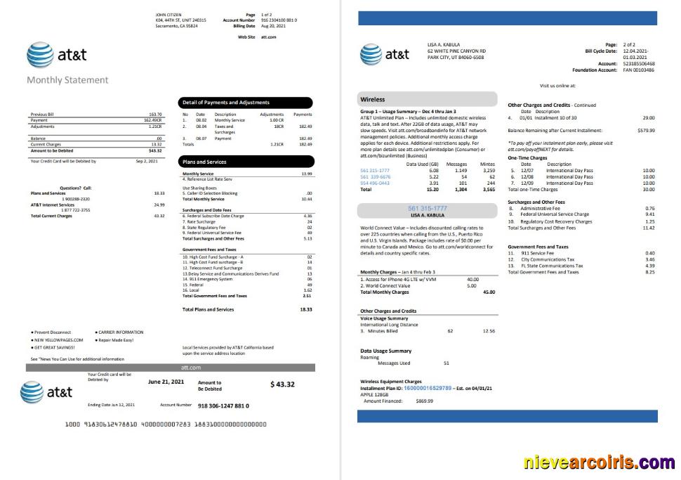 USA Texas AT&T telecommunications utility bill 2 pages